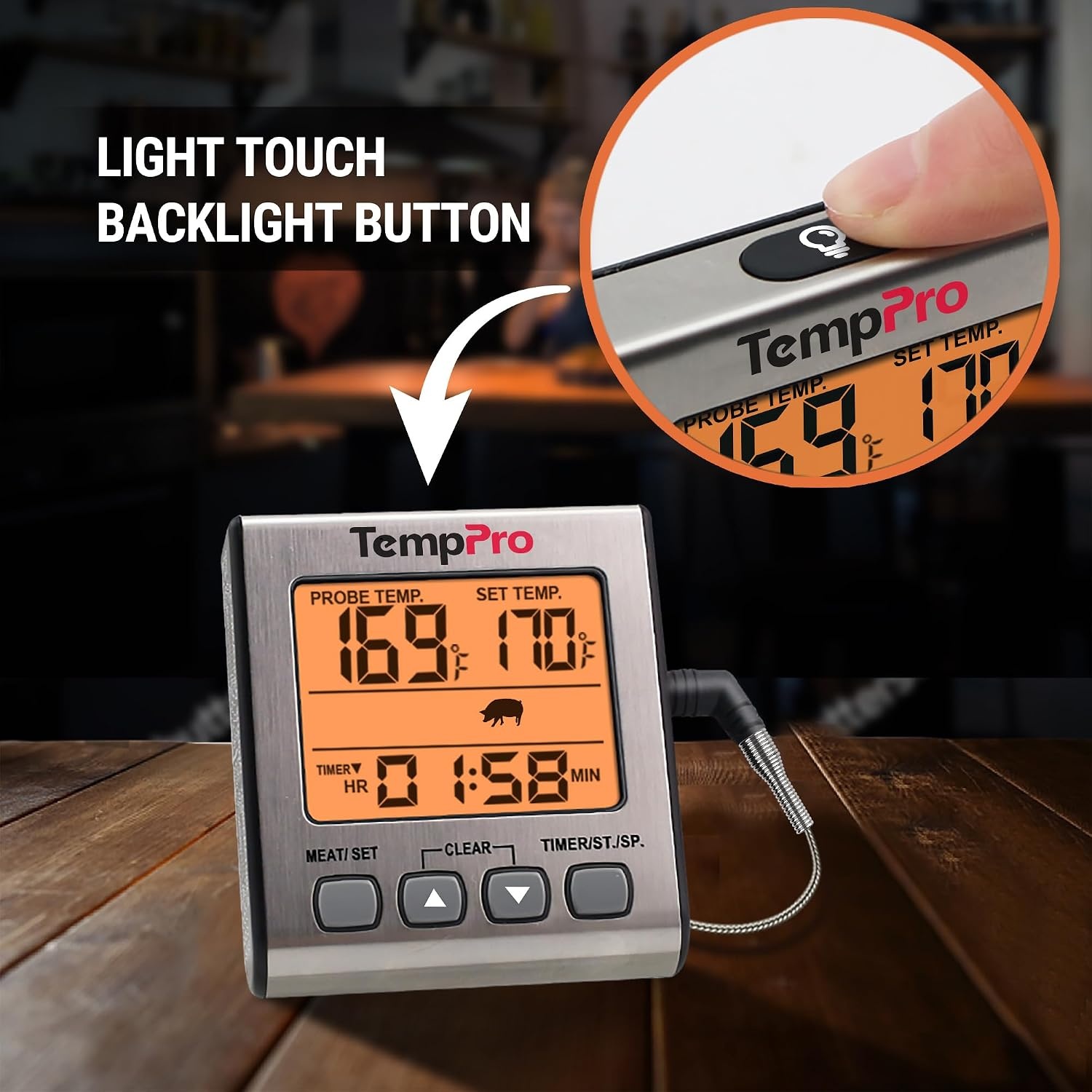 image:imageTempPro Digital Meat Thermometer for Cooking and Grilling BBQ Food Thermometer with Backlight and Kitchen Timer Grill Temperature Probe Thermometer for Smoker Oven BakingOilPreviously ThermoProLight Silver