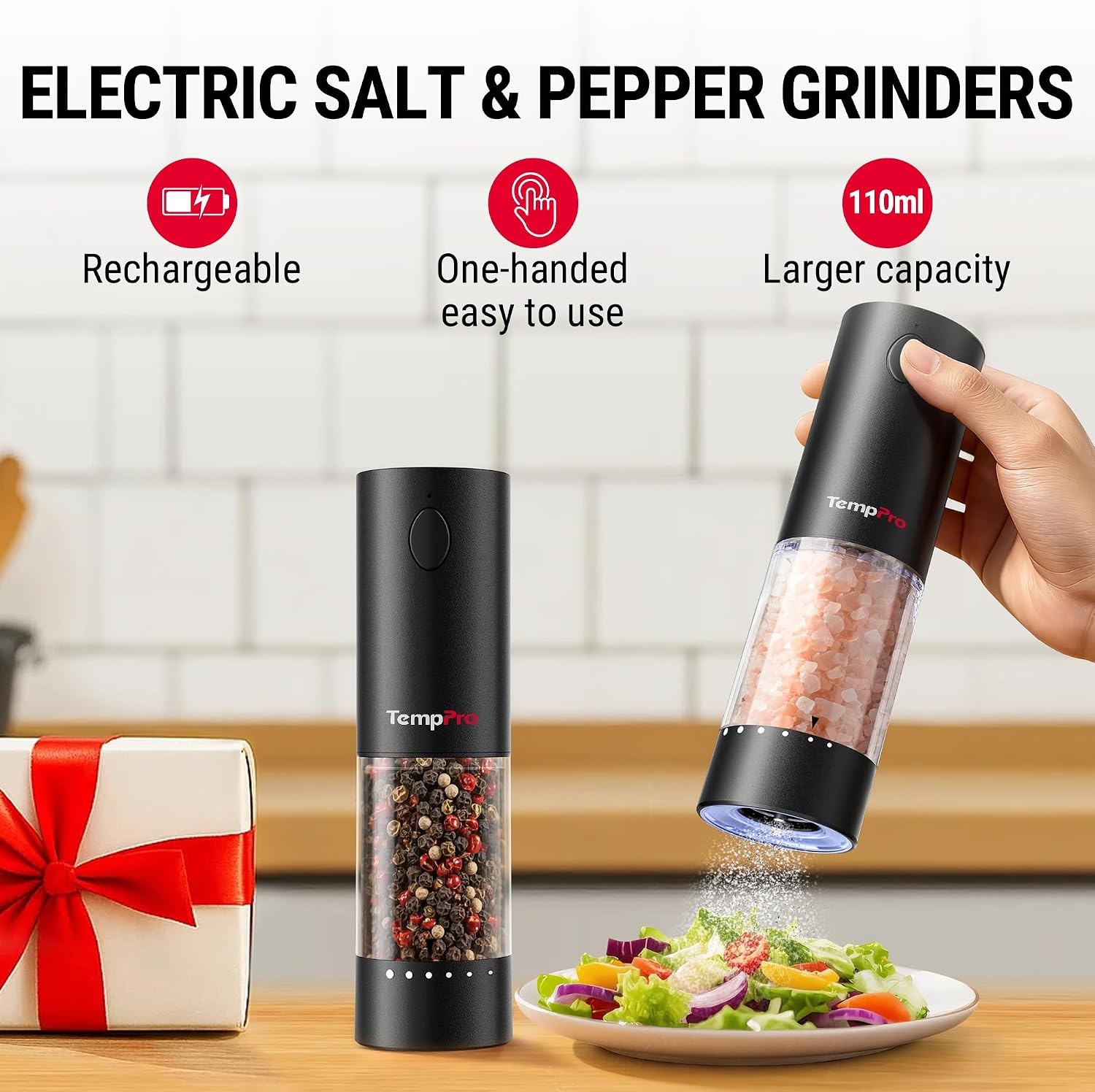 image:imageTempPro Electric Salt and Pepper Grinder Set Rechargeable 110ml Automatic Pepper Grinder Shakers with External Adjustment Refillable Pepper Mill Set for House Warming GiftsPreviously ThermoPro