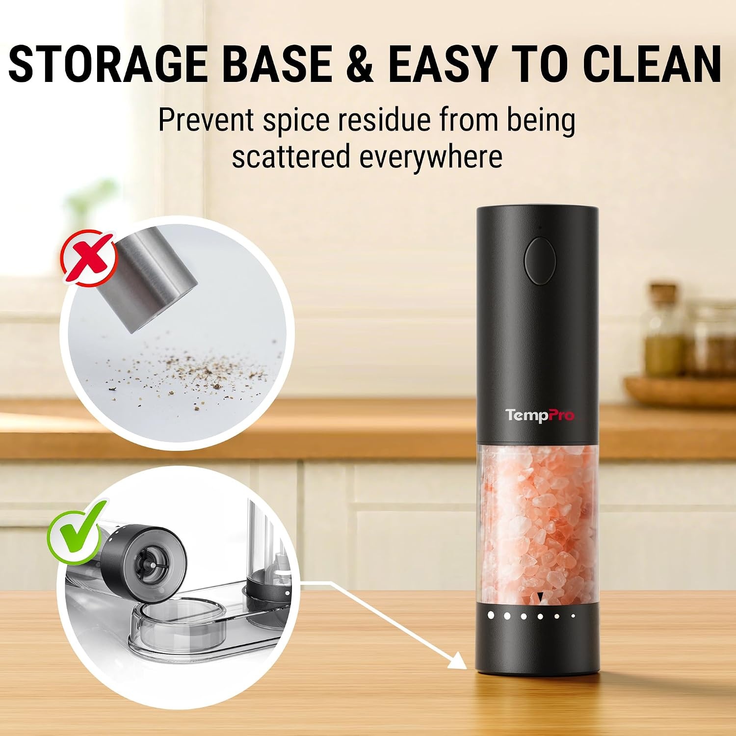 image:imageTempPro Electric Salt and Pepper Grinder Set Rechargeable 110ml Automatic Pepper Grinder Shakers with External Adjustment Refillable Pepper Mill Set for House Warming GiftsPreviously ThermoPro