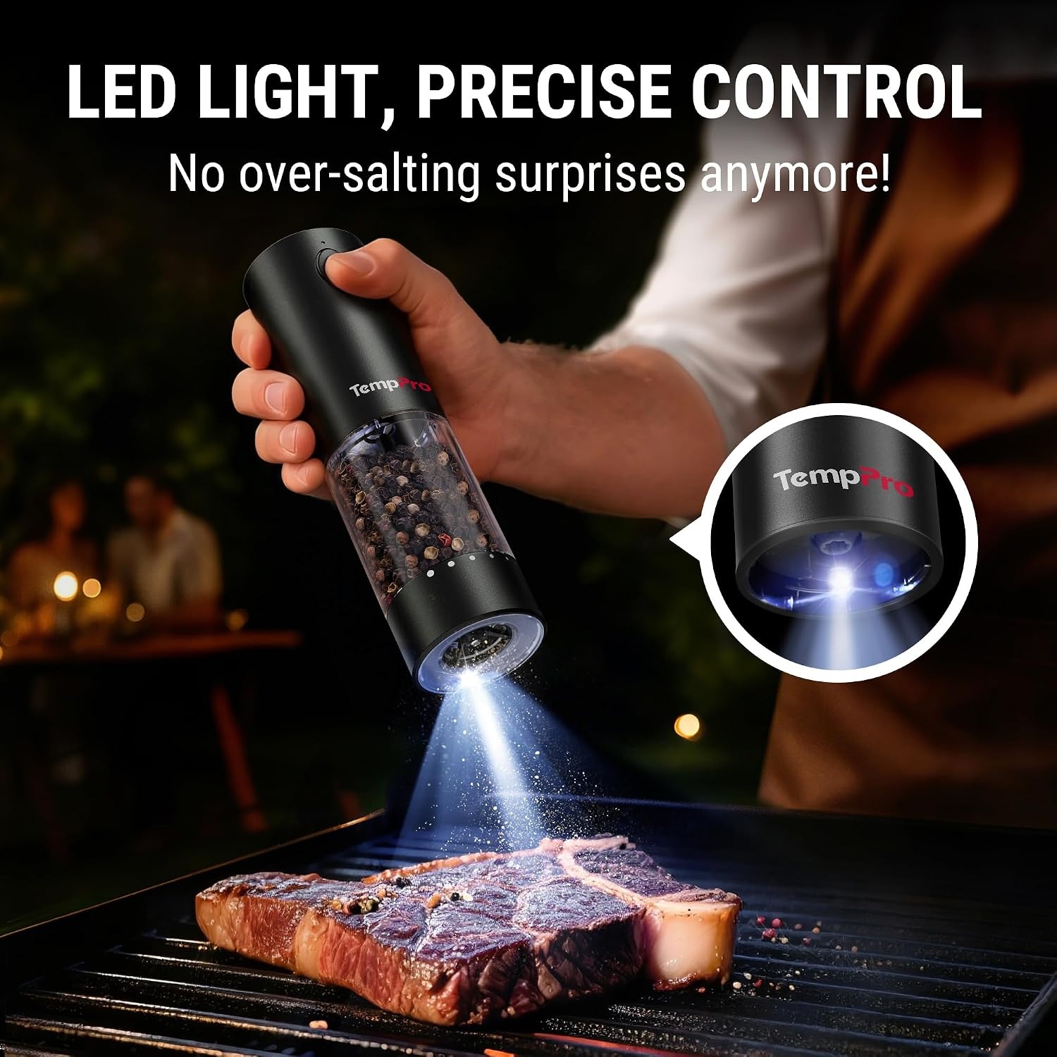 image:imageTempPro Electric Salt and Pepper Grinder Set Rechargeable 110ml Automatic Pepper Grinder Shakers with External Adjustment Refillable Pepper Mill Set for House Warming GiftsPreviously ThermoPro