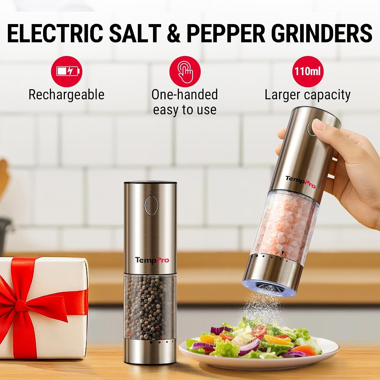 image:imageTempPro Electric Salt and Pepper Grinder Set Rechargeable Salt Grinder Set Salt and Pepper Shakers with 6 External Adjustable Settings Foodgrade Stainless Steel Salt and Pepper Set for Him Dad Father