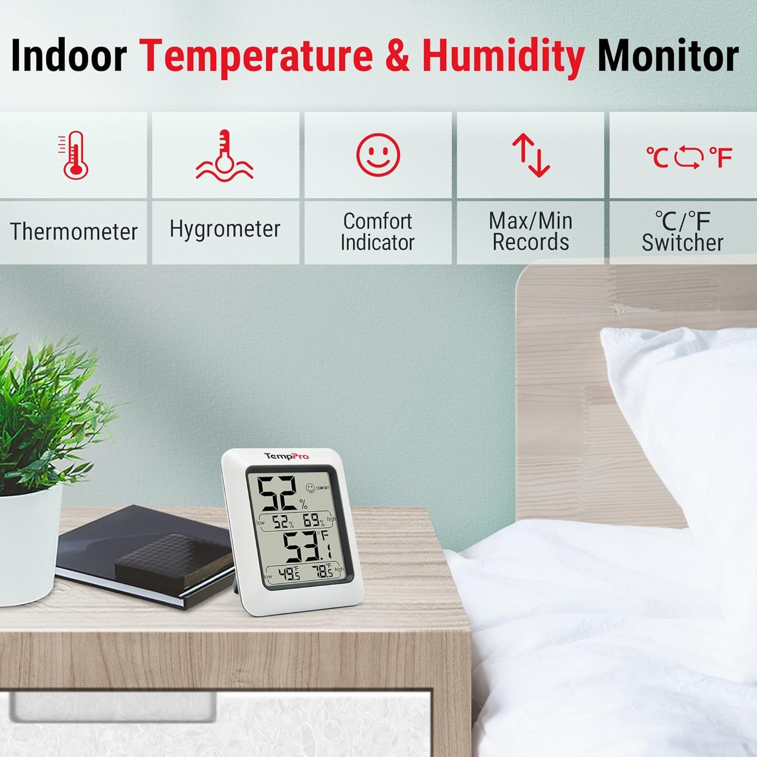image:imageTempPro Hygrometer Thermometer for House Bluetooth Room Indoor Greenhouse Thermometer Monitor Up to 260FT Backlit Humidity Meter Temperature Sensor with 2Year Data ExportPreviously ThermoPro1