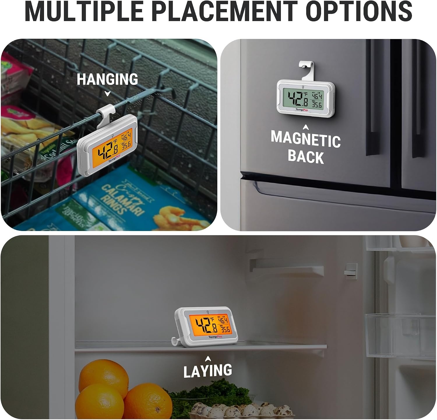 image:imageTempPro Refrigerator Thermometer 2 Pack with Large Backlit LCD Display Waterproof Freezer Fridge Thermometer with MaxMin Record Easy Battery Replacement for Room Cooler Previously ThermoPro3