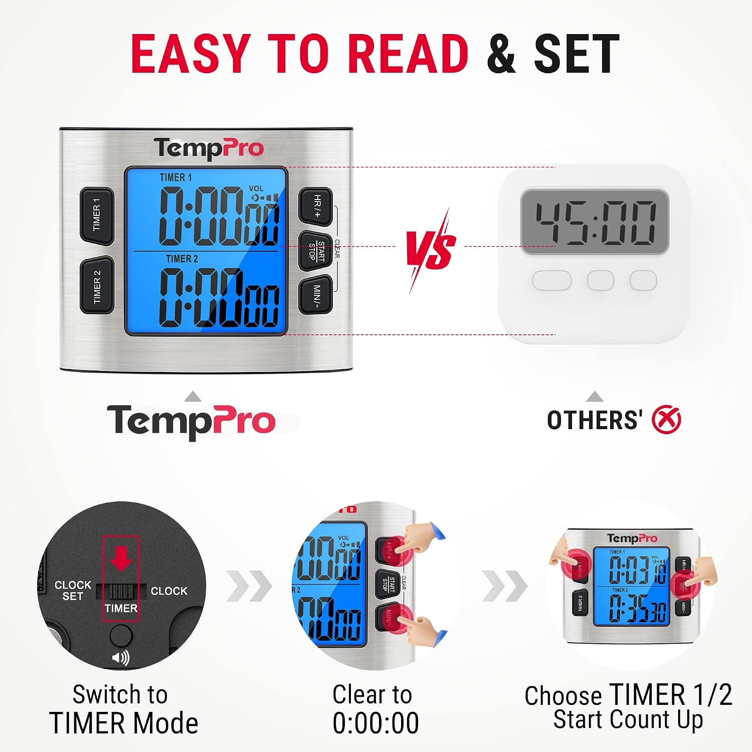 image:imageTempPro TM02 24H Digital Timer with Dual Kitchen Timers for Cooking Magnetic Timer Clock with Adjustable Alarm Volume amp LCD Backlit Display Classroom Timer for Kids amp TeachersPreviously ThermoPro1