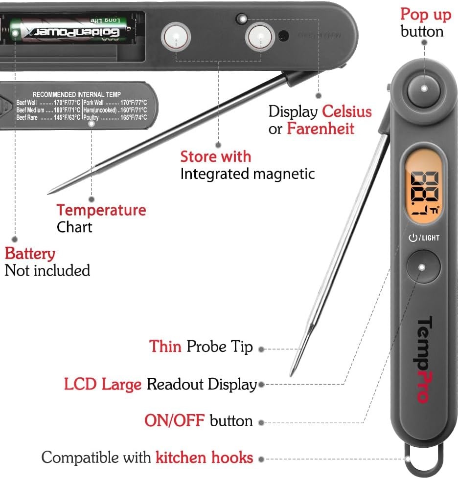 image:imageTempPro TP03B Digital Meat Thermometer for Cooking Instant Read Thermometer with Backlight Kitchen Food Thermometer for Grill Smoker BBQ Oil Deep Fry Candy Bread Coffee Previously ThermoProGrey
