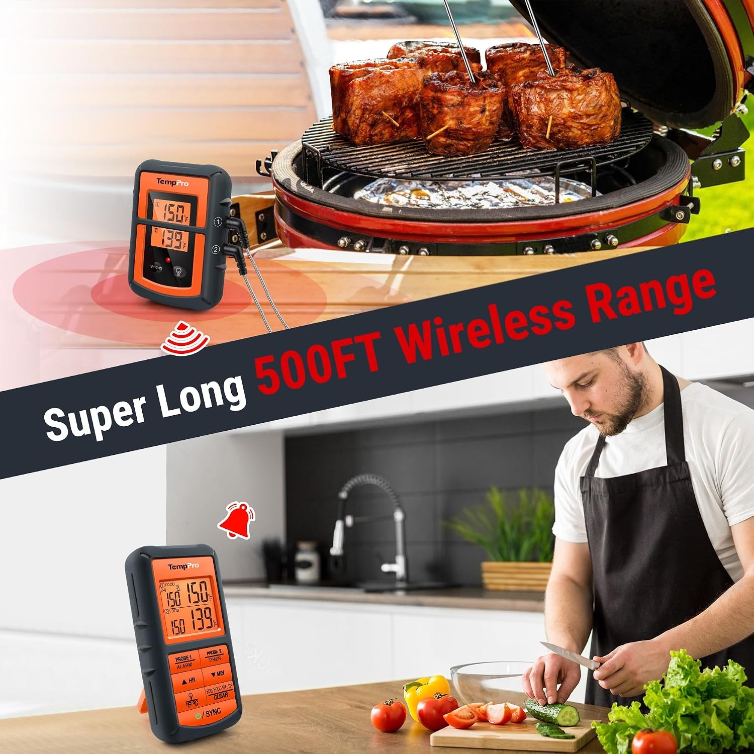 image:imageTempPro TP08 500FT Wireless Meat Thermometer for Grilling Smoker BBQ Thermometer with Dual Probe Kitchen Cooking Steak Turkey Food Thermometer Cooking Gift for Dad Him Husband Previously ThermoPro
