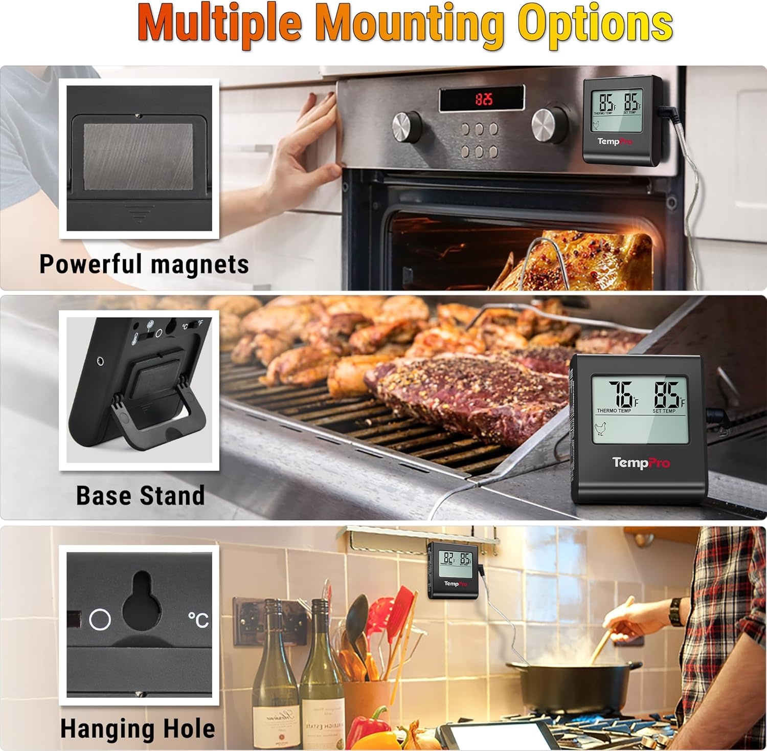 image:imageTempPro TP16 Large LCD Digital Meat Thermometer for Cooking Smoking Grilling BBQ Food Temperature Indicator with Clock Timer and Stainless Steel Probe BlackPreviously ThermoProPure Black