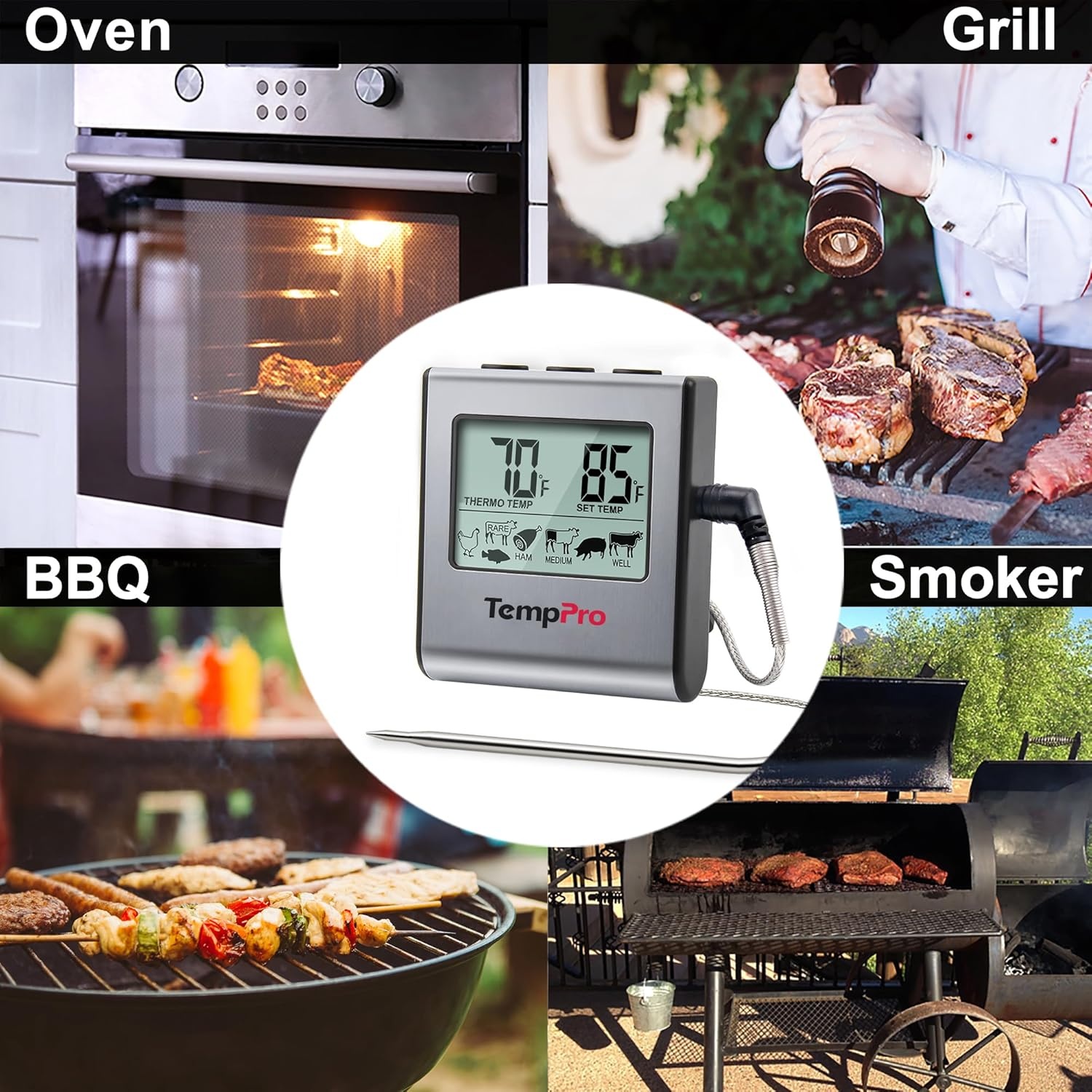 image:imageTempPro TP16 Large LCD Digital Meat Thermometer for Cooking Smoking Grilling BBQ Food Temperature Indicator with Clock Timer and Stainless Steel Probe BlackPreviously ThermoProLight Silver