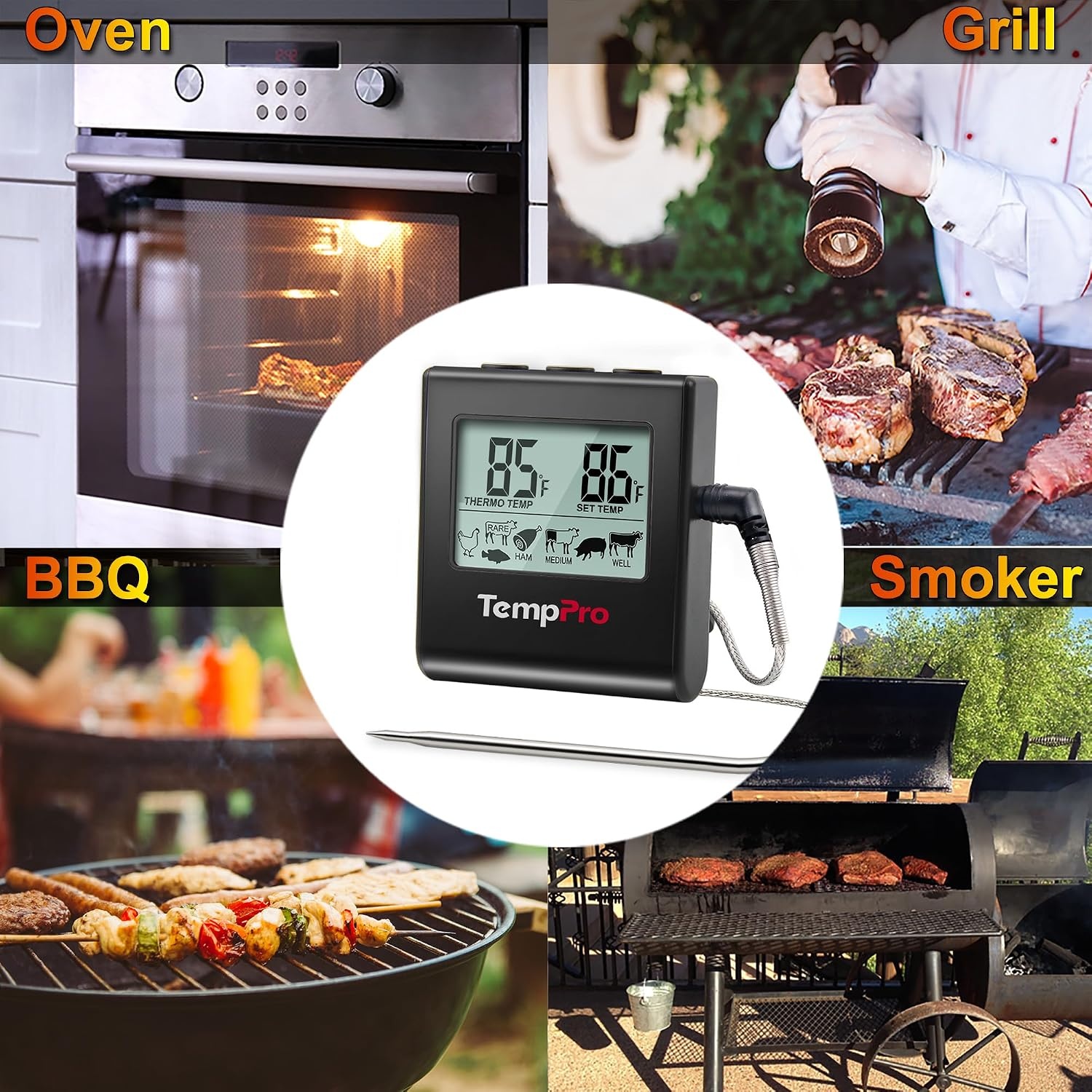 image:imageTempPro TP16 Large LCD Digital Meat Thermometer for Cooking Smoking Grilling BBQ Food Temperature Indicator with Clock Timer and Stainless Steel Probe BlackPreviously ThermoProPure Black
