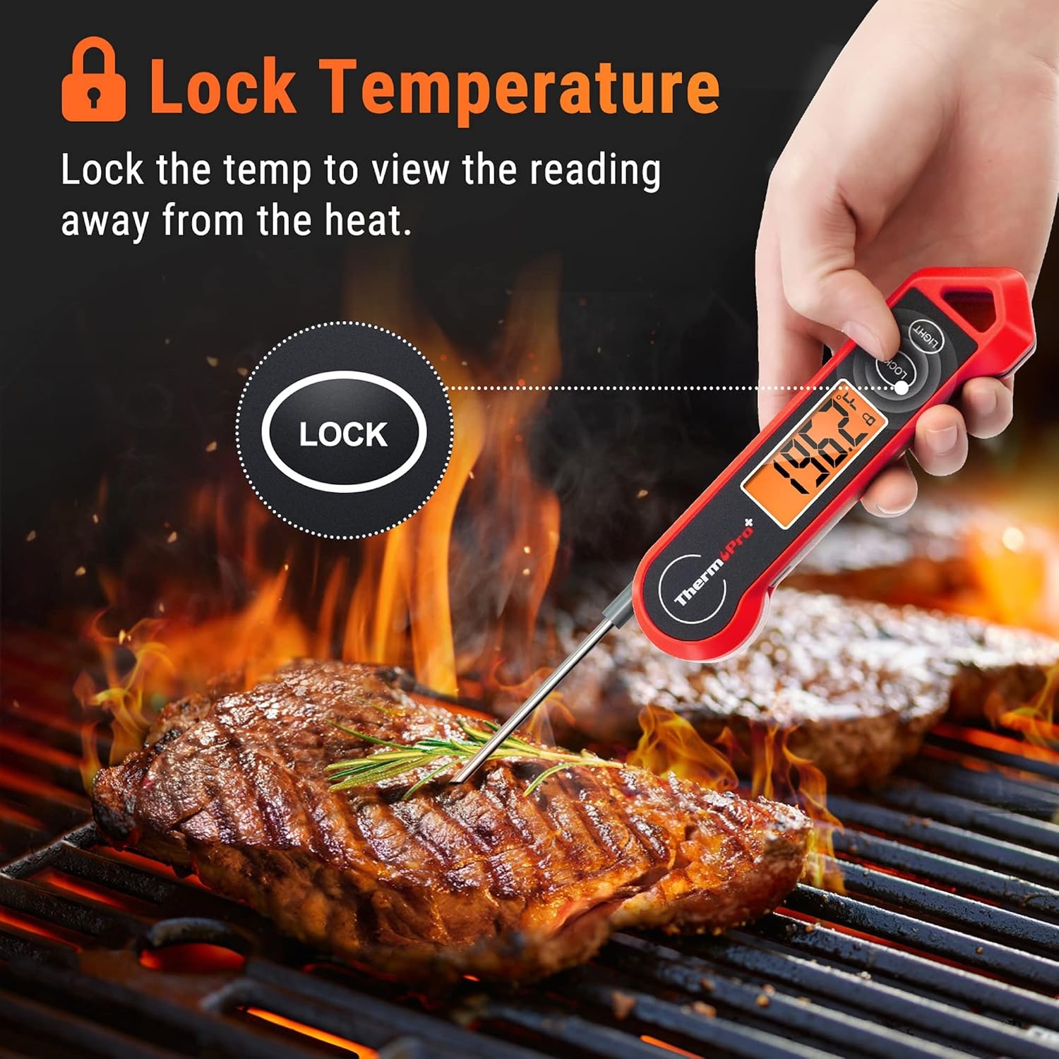image:imageTempPro TP19H 1 Sec Digital Meat Thermometer for Cooking Instant Read Food Thermometer with Motion Wake for BBQ Grill Oil Fry Candy Gifts for Men Dad Husband Previously ThermoProRed