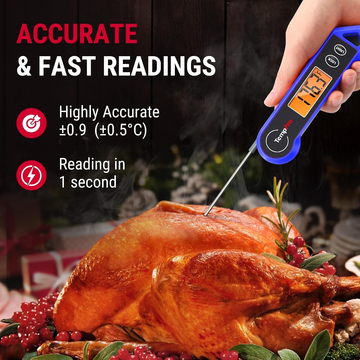 image:imageTempPro TP19H 1 Sec Digital Meat Thermometer for Cooking Instant Read Food Thermometer with Motion Wake for BBQ Grill Oil Fry Candy Gifts for Men Dad Husband Previously ThermoProBlue