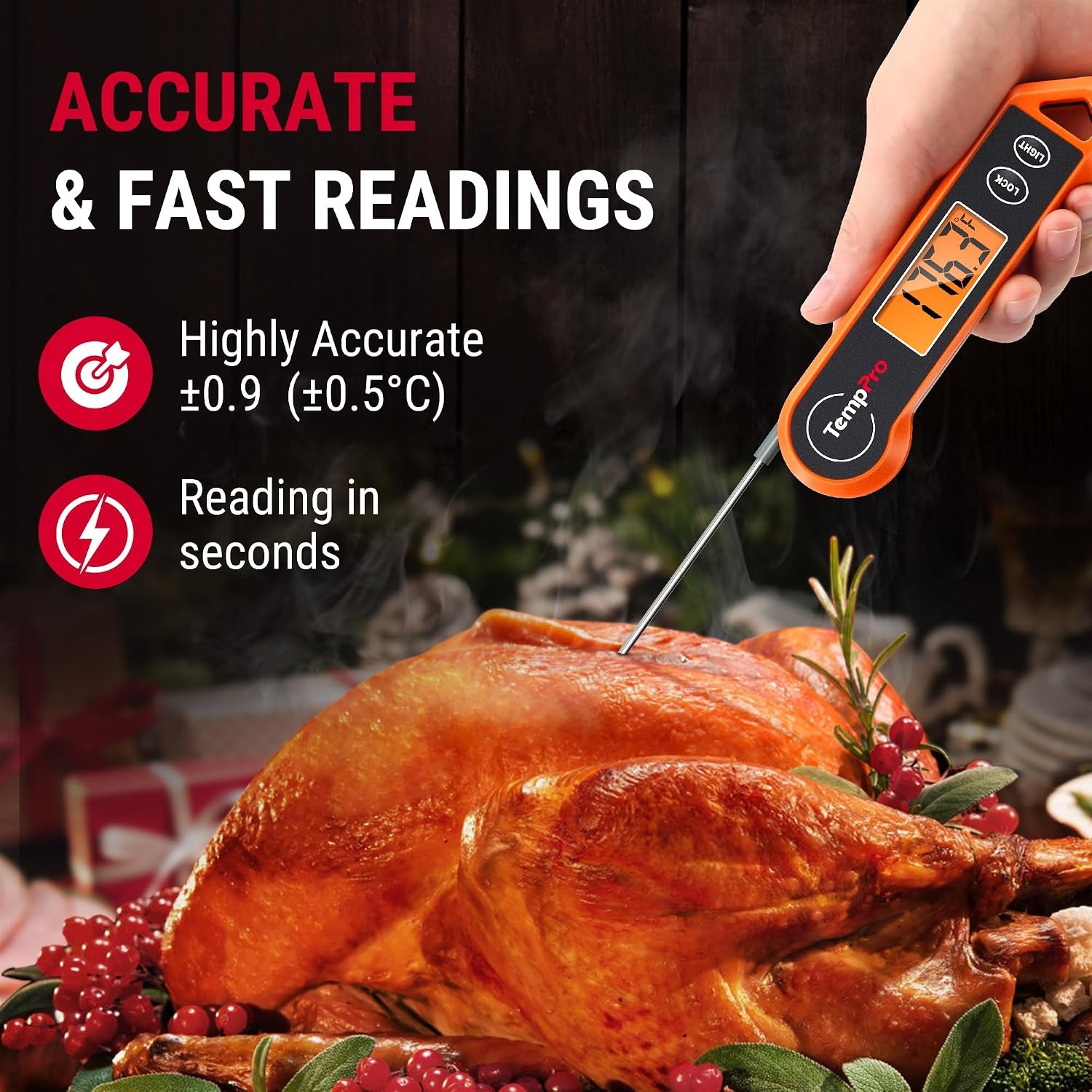 image:imageTempPro TP19H 1 Sec Digital Meat Thermometer for Cooking Instant Read Food Thermometer with Motion Wake for BBQ Grill Oil Fry Candy Gifts for Men Dad Husband Previously ThermoProBrightorange