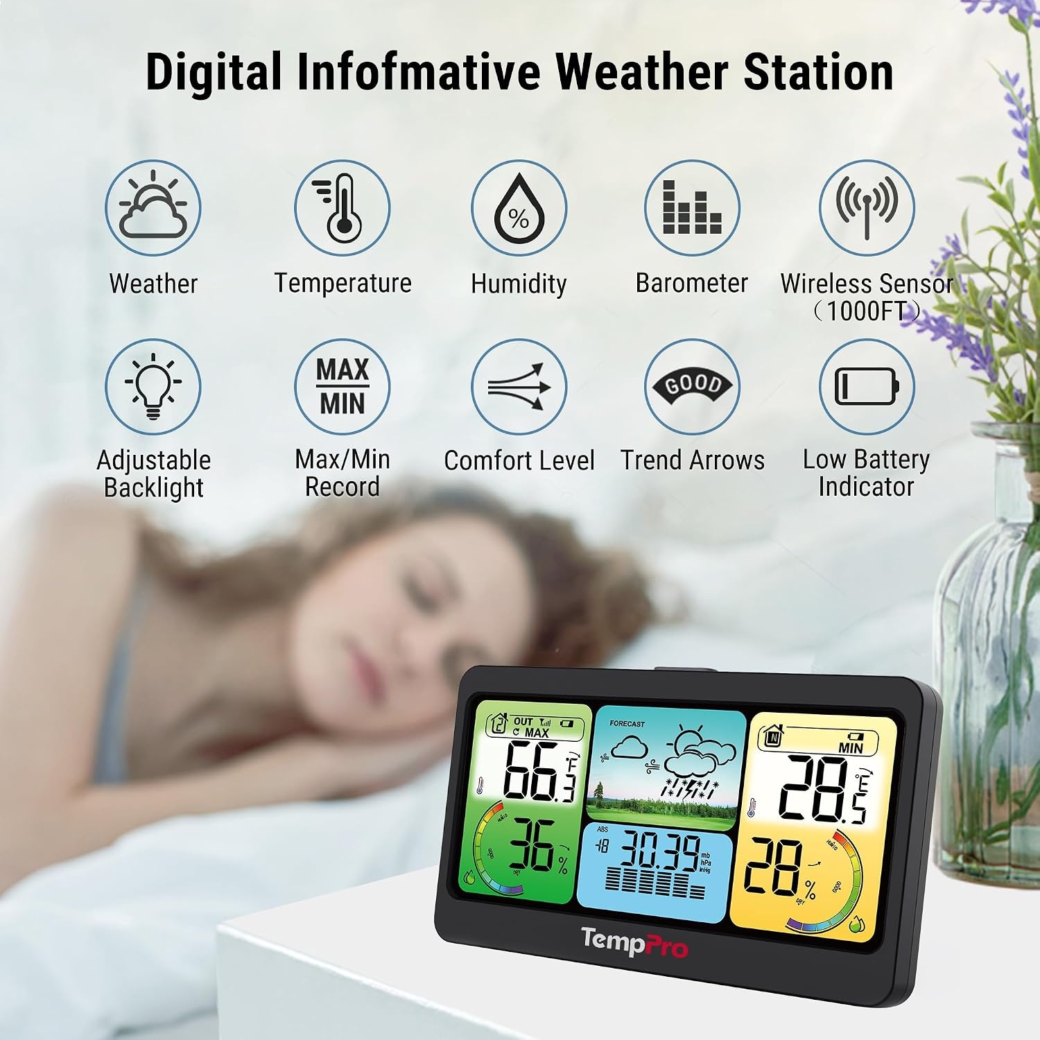 image:imageTempPro TP280 1000FT Home Weather Stations Wireless Indoor Outdoor Thermometer Weather Stations with Accurate Sensor Inside Outside Weather Thermometer Barometer with ForecastPreviously ThermoProBlack