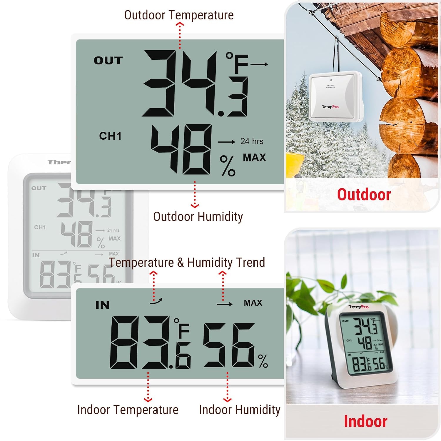 image:imageTempPro TP602 Digital Hygrometer Indoor Outdoor Thermometer Wireless Temperature and Humidity Gauge Monitor Room Thermometer with 500ft150m Range Humidity Meter Previously ThermoPro3