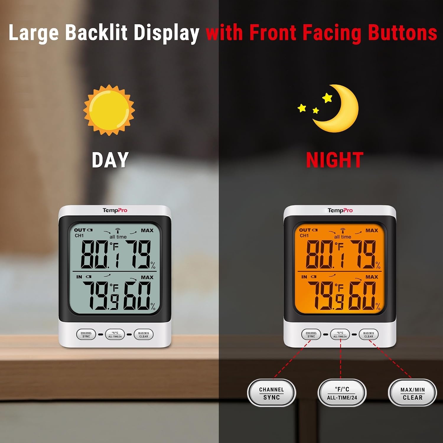 image:imageTempPro TempAir 500 FT Indoor Outdoor Thermometer Wireless with Sensor 33 LCD Backlit Display Front Button Outside Thermometer with ColdResistant Sensor for Patio Garage Batteries Included