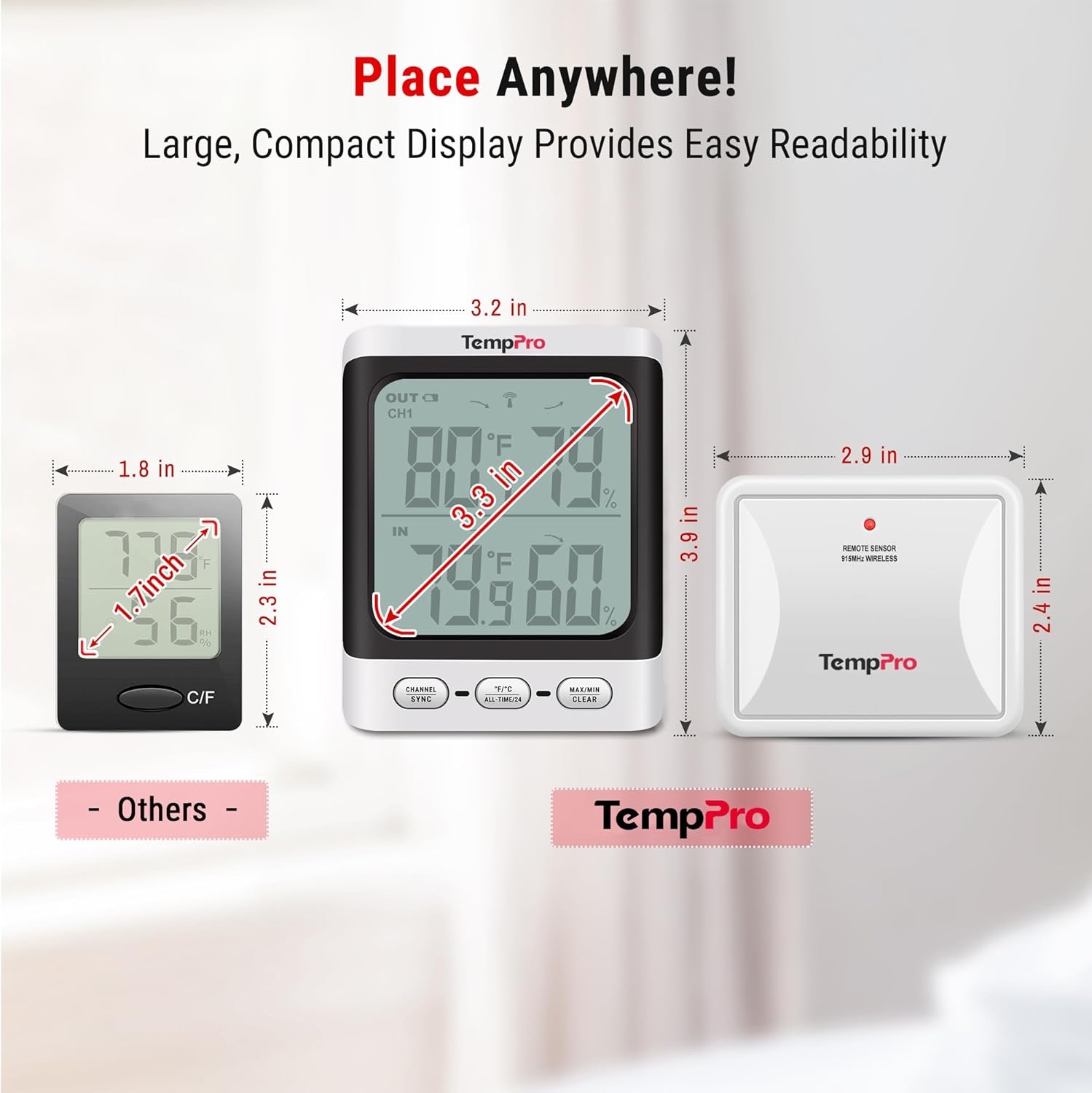 image:imageTempPro TempAir 500 FT Indoor Outdoor Thermometer Wireless with Sensor 33 LCD Backlit Display Front Button Outside Thermometer with ColdResistant Sensor for Patio Garage Batteries Included
