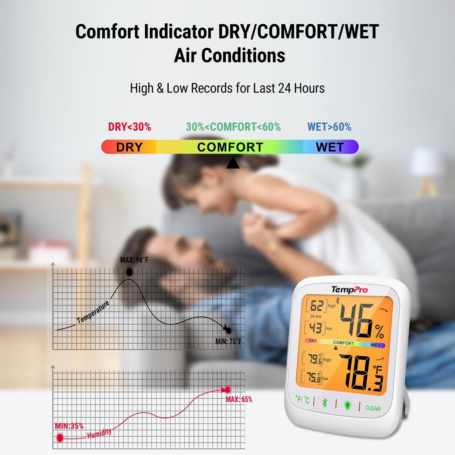 image:imageTempPro TempAir Bluetooth Hygrometer Thermometer with Large Backlit LCD 260 ft Wireless Remote Temperature and Humidity Monitor Indoor Room Thermometer and Humidity Gauge with Max Min Records2