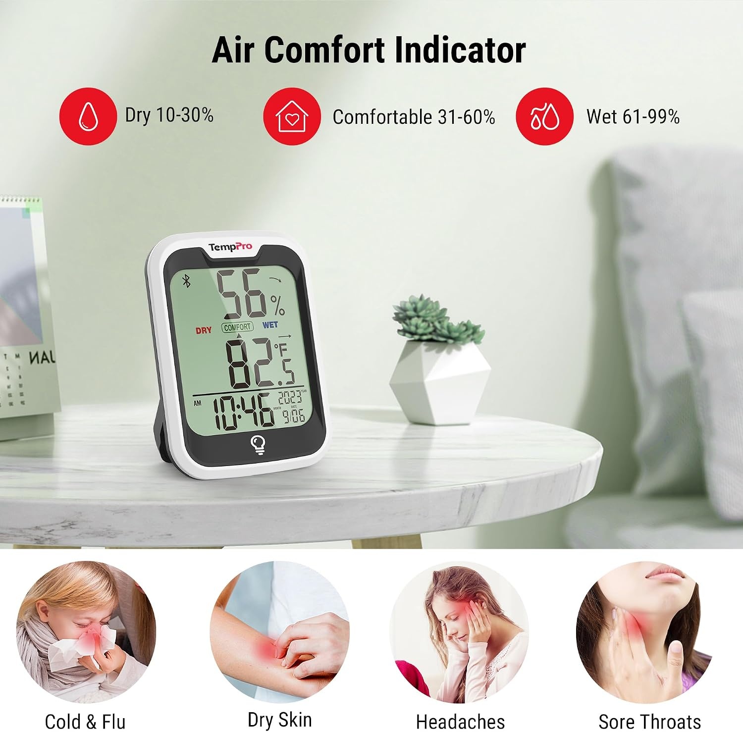 image:imageTempPro TempAir Bluetooth Thermometer for Room Temperature with Clock 260 ft Smart Temperature Sensor and Humidity Meter with Backlit Hygrometer Indoor Thermometer with Data Storage Export