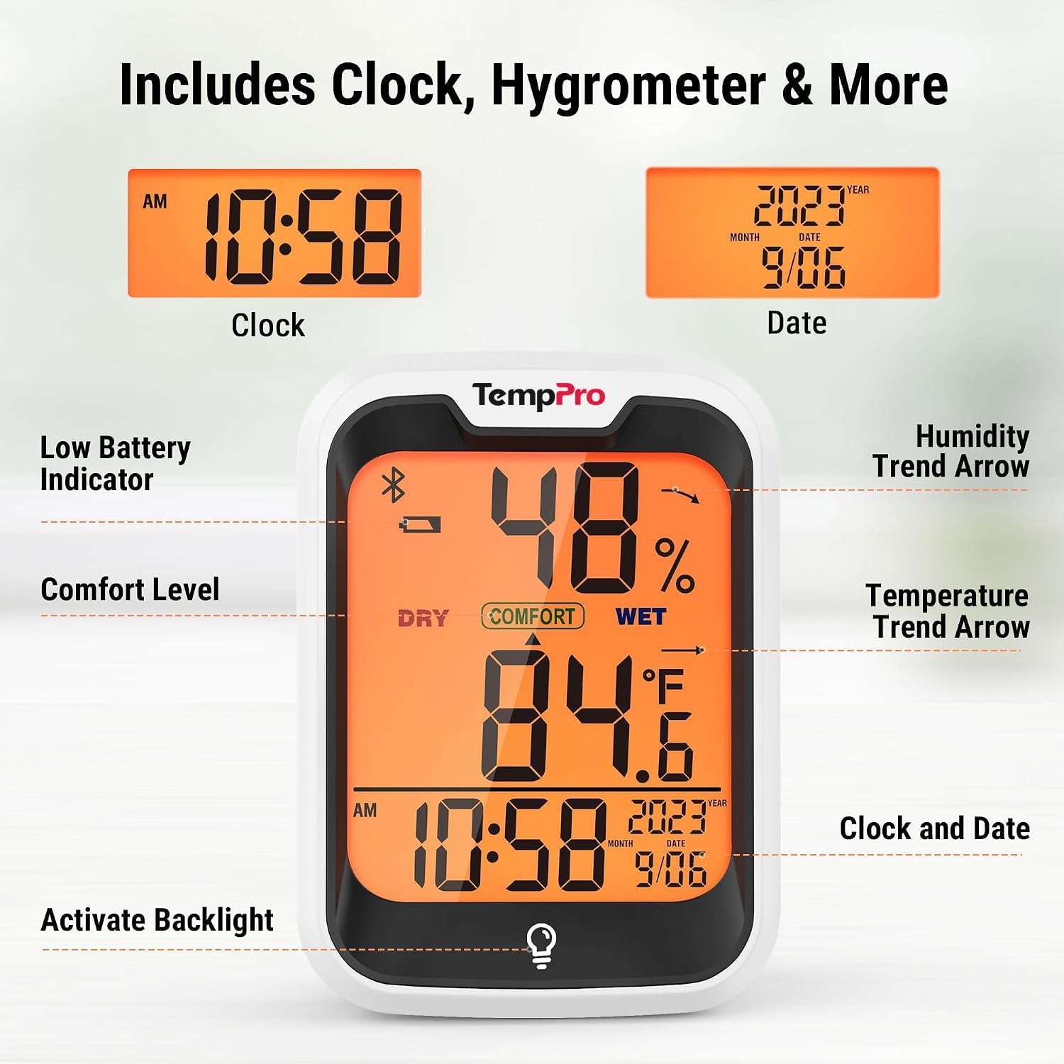 image:imageTempPro TempAir Bluetooth Thermometer for Room Temperature with Clock 260 ft Smart Temperature Sensor and Humidity Meter with Backlit Hygrometer Indoor Thermometer with Data Storage Export