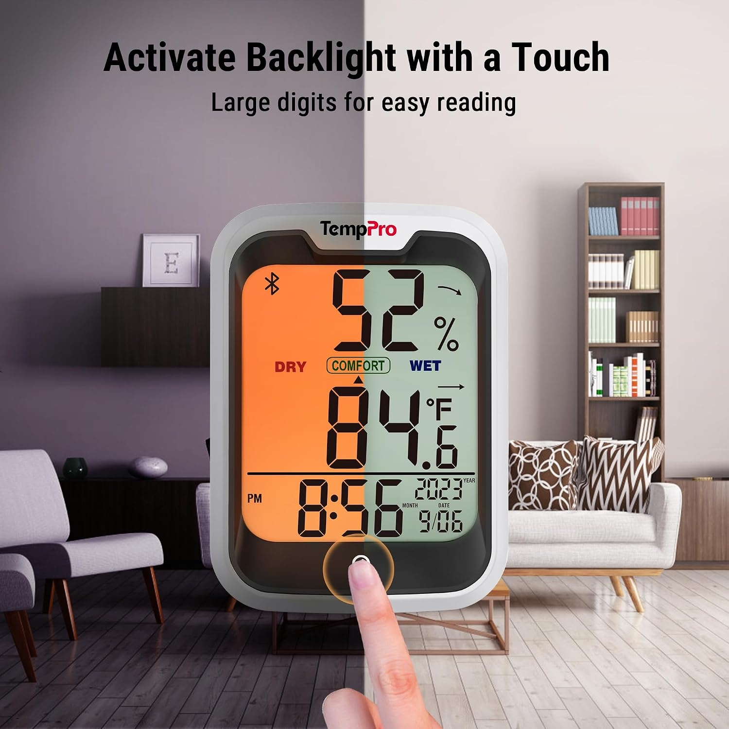 image:imageTempPro TempAir Bluetooth Thermometer for Room Temperature with Clock 260 ft Smart Temperature Sensor and Humidity Meter with Backlit Hygrometer Indoor Thermometer with Data Storage Export