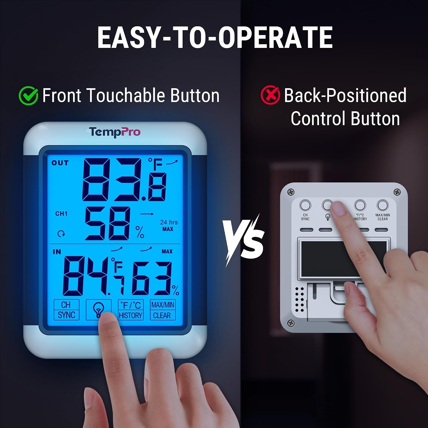 image:imageTempPro TempAir Indoor Outdoor Thermometer Digital Wireless Hygrometer Temperature Humidity Monitor with Jumbo Touchscreen and Backlight Humidity GaugeLCD1