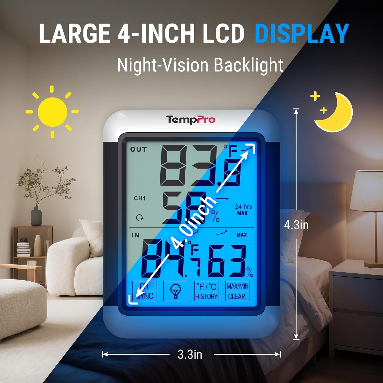 image:imageTempPro TempAir Indoor Outdoor Thermometer Digital Wireless Hygrometer Temperature Humidity Monitor with Jumbo Touchscreen and Backlight Humidity GaugeLCD1