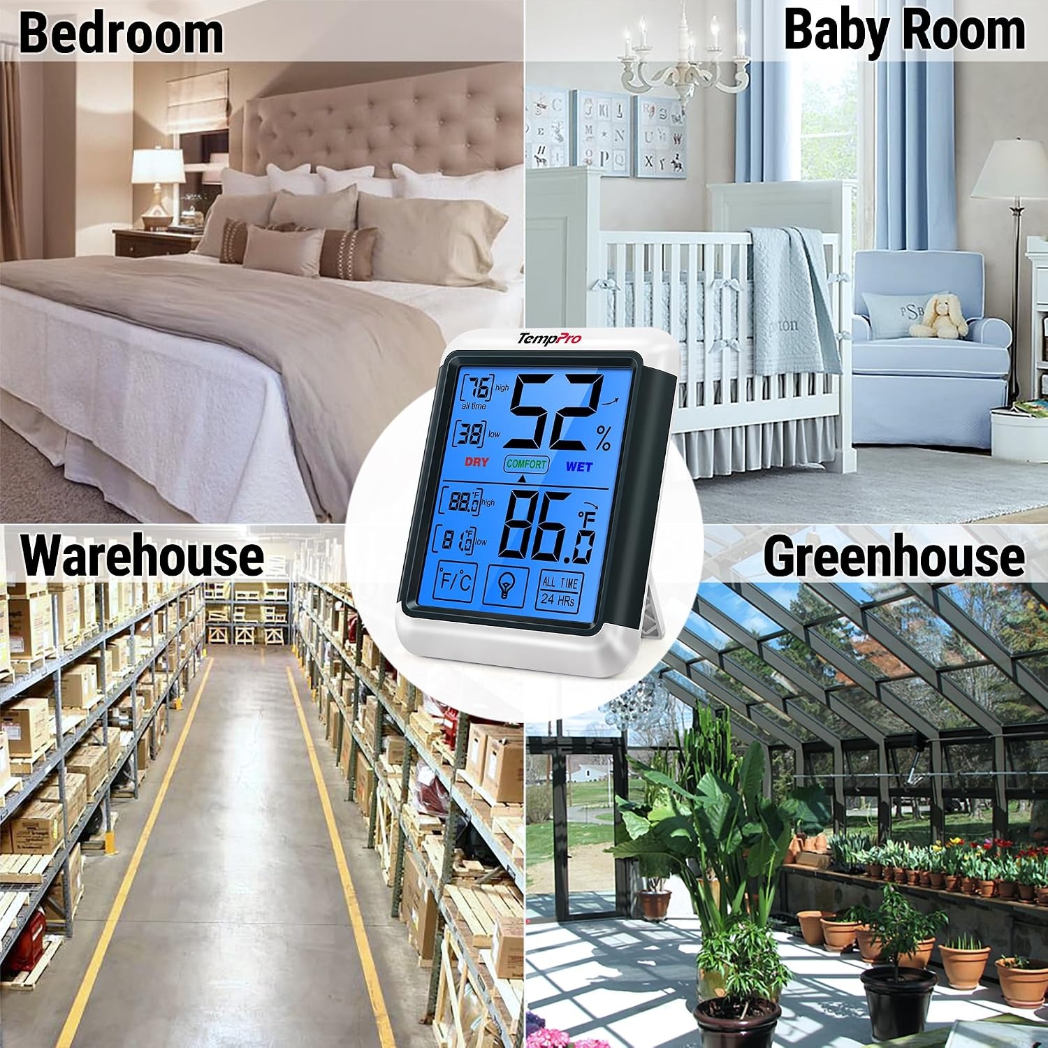 image:imageTempPro TempAir Indoor Outdoor Thermometer Digital Wireless Hygrometer Temperature Humidity Monitor with Jumbo Touchscreen and Backlight Humidity GaugeLCD2