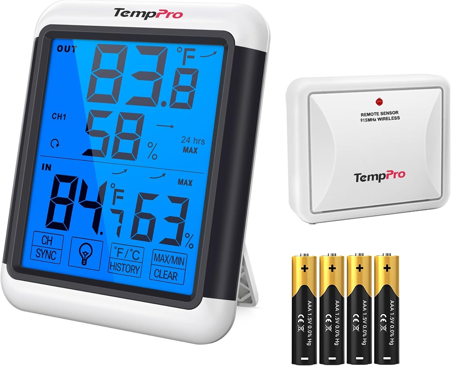 image:imageTempPro TempAir Indoor Outdoor Thermometer Digital Wireless Hygrometer Temperature Humidity Monitor with Jumbo Touchscreen and Backlight Humidity GaugeLCD1