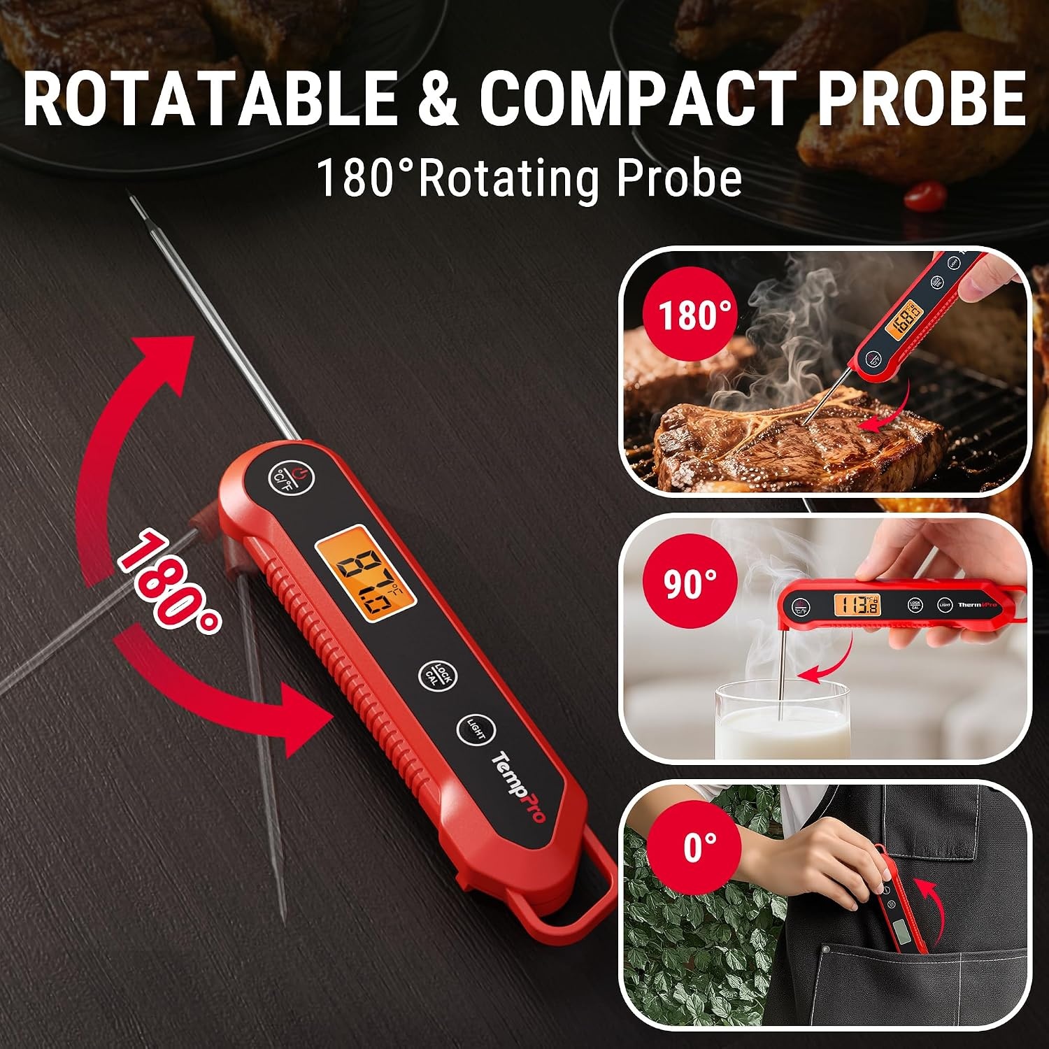 image:imageTempPro TempSwift 1 Sec Meat Thermometer Digital for Kitchen Cooking Food 39 inches Long Probe Calibration Backlight Bread Baking Sourdough Liquids Candy Making Accessories Previously ThermoProRed