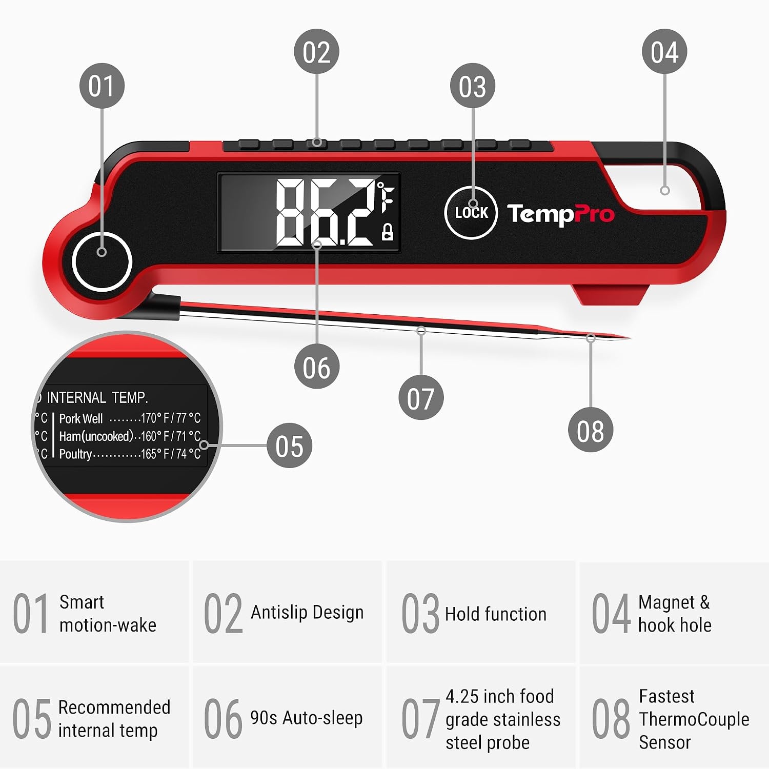 image:imageTempPro TempSwift Instant Read Meat Thermometer Digital Cooking Thermometer with Large AutoRotating LCD Display Waterproof Food Thermometer Digital for Kitchen BBQ or Grill
