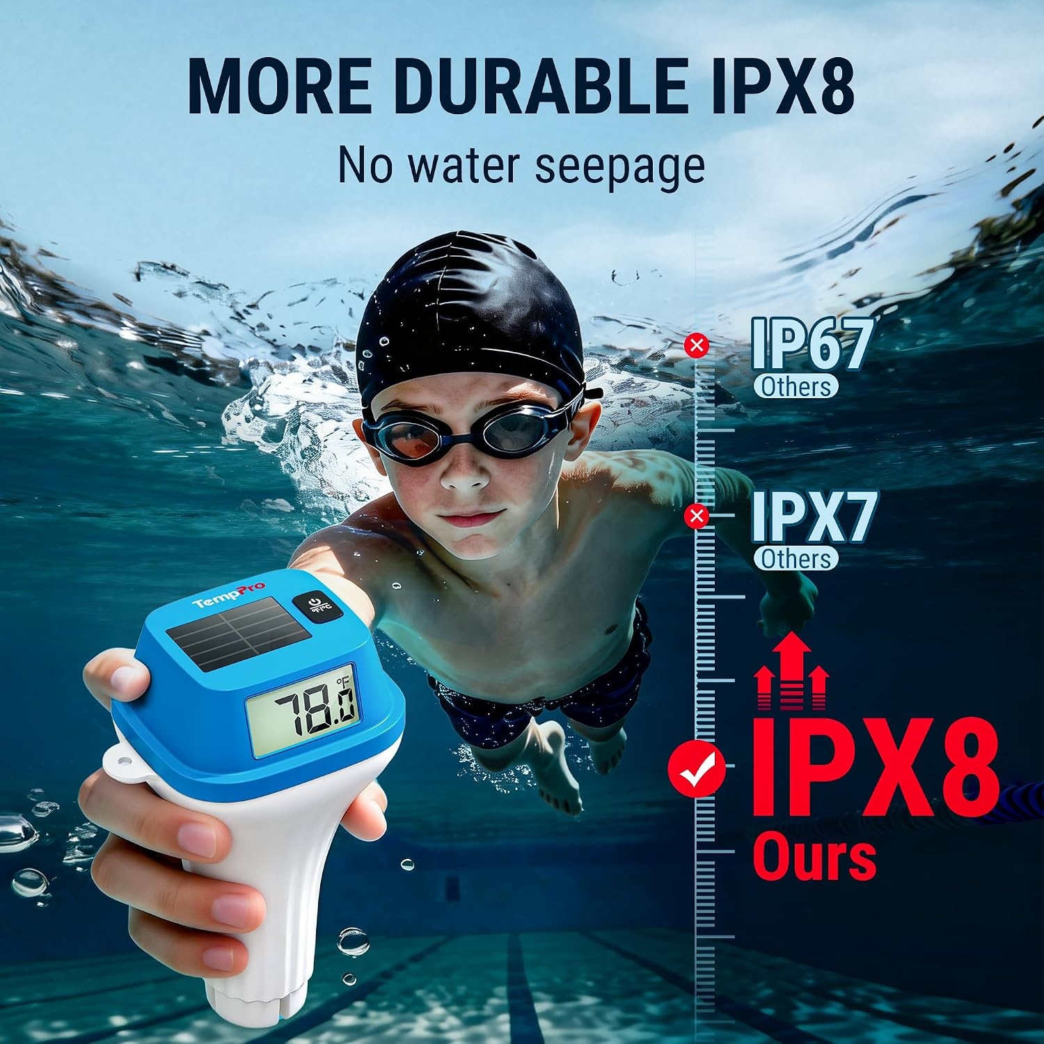 image:imageTempPro Waterproof Wireless Pool Thermometer Easy Read Digital Pool Thermometer Floating for Swimming Pool Hot Tub Cold Plunge Pond Upgraded IPX8 Water Temperature Monitor Previously ThermoProSolar
