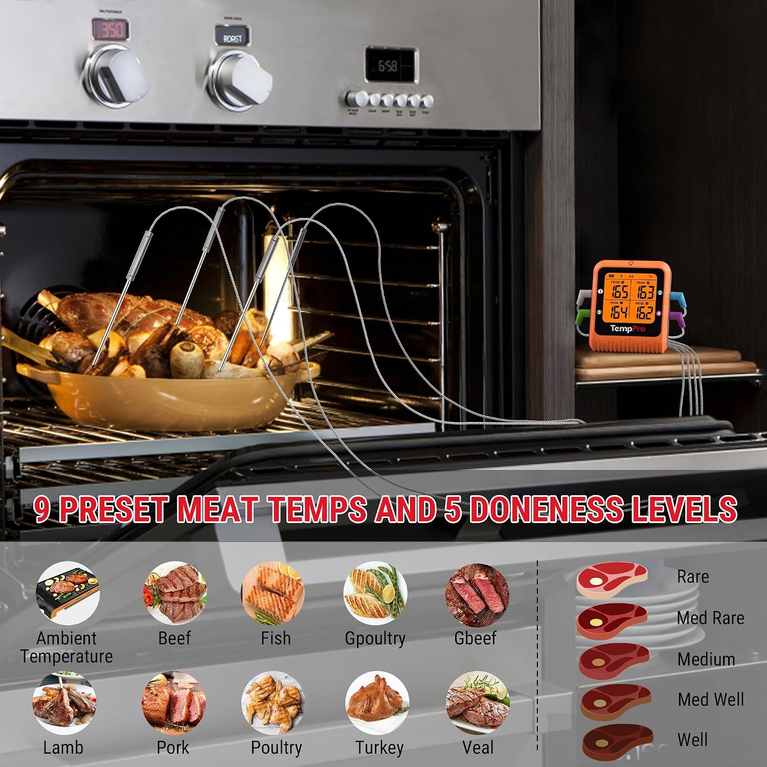 image:imageTempPro Wireless Meat Thermometer Digital for Grilling and Smoking 2 Probes Bluetooth Meat Thermometer for Cooking Rechargeable Smoker Accessories for BBQ Oven Previously ThermoPro4 Probes