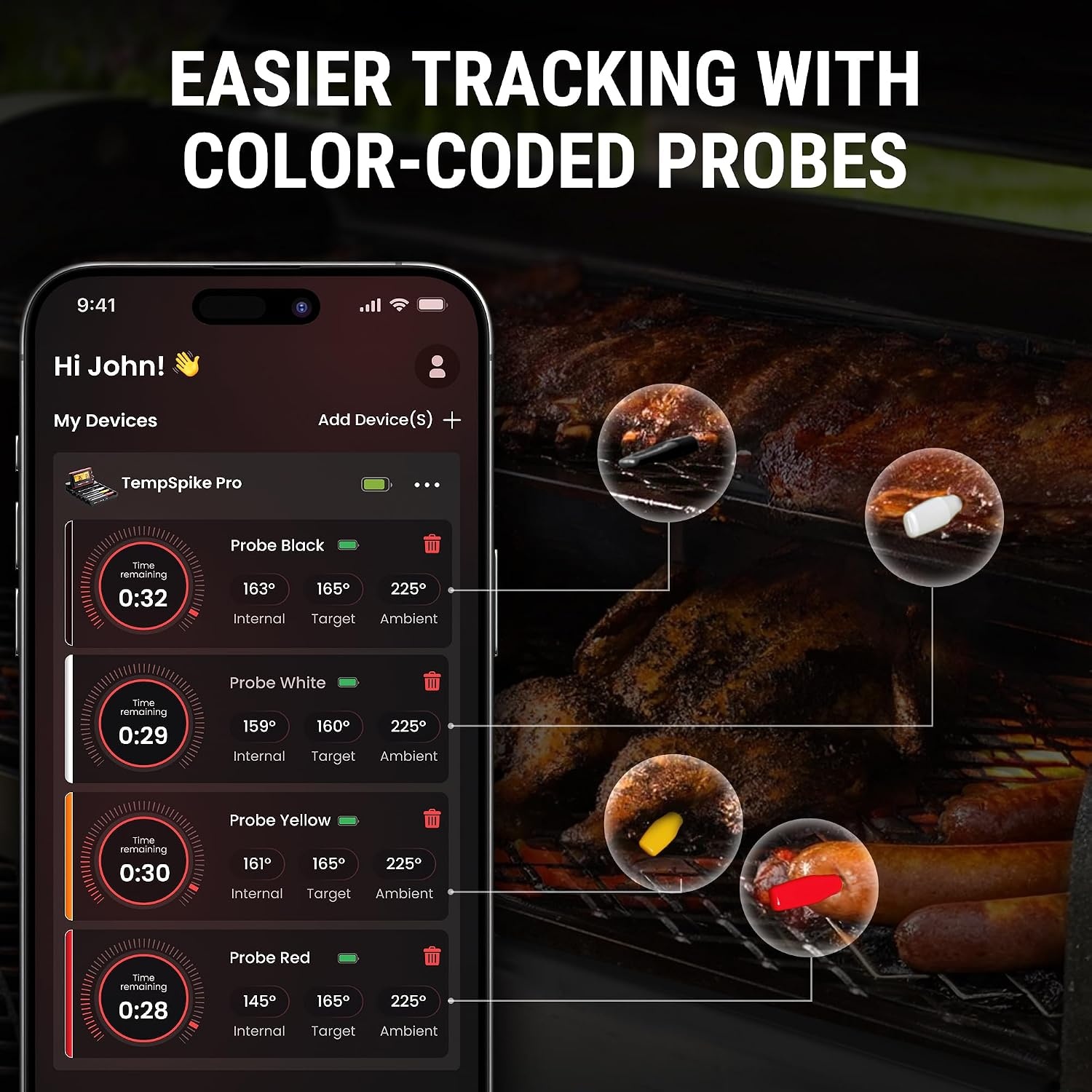 image:imageTempSpike Wireless Meat Thermometer Digital with App WiFi amp Bluetooth BBQ Grill Thermometer with High Precision Waterproof amp HeatResistant Probes Rechargeable Base with Display for BBQ Smoker Oven4 Probes