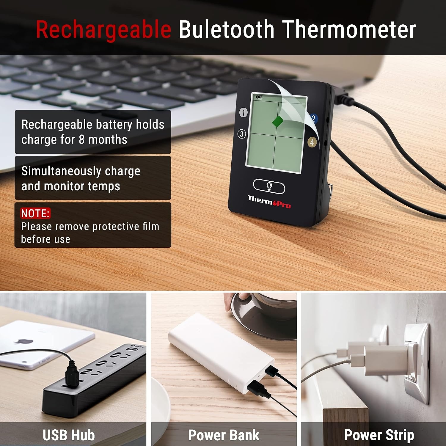image:imageThermoPro TP25 650FT Bluetooth Meat Thermometer with 4Probes Smart Rechargeable Wireless Meat Thermometer for Grilling Smoker Oven Kitchen BBQ Thermometer with Alarm Temperature Graph BlackPitch Black