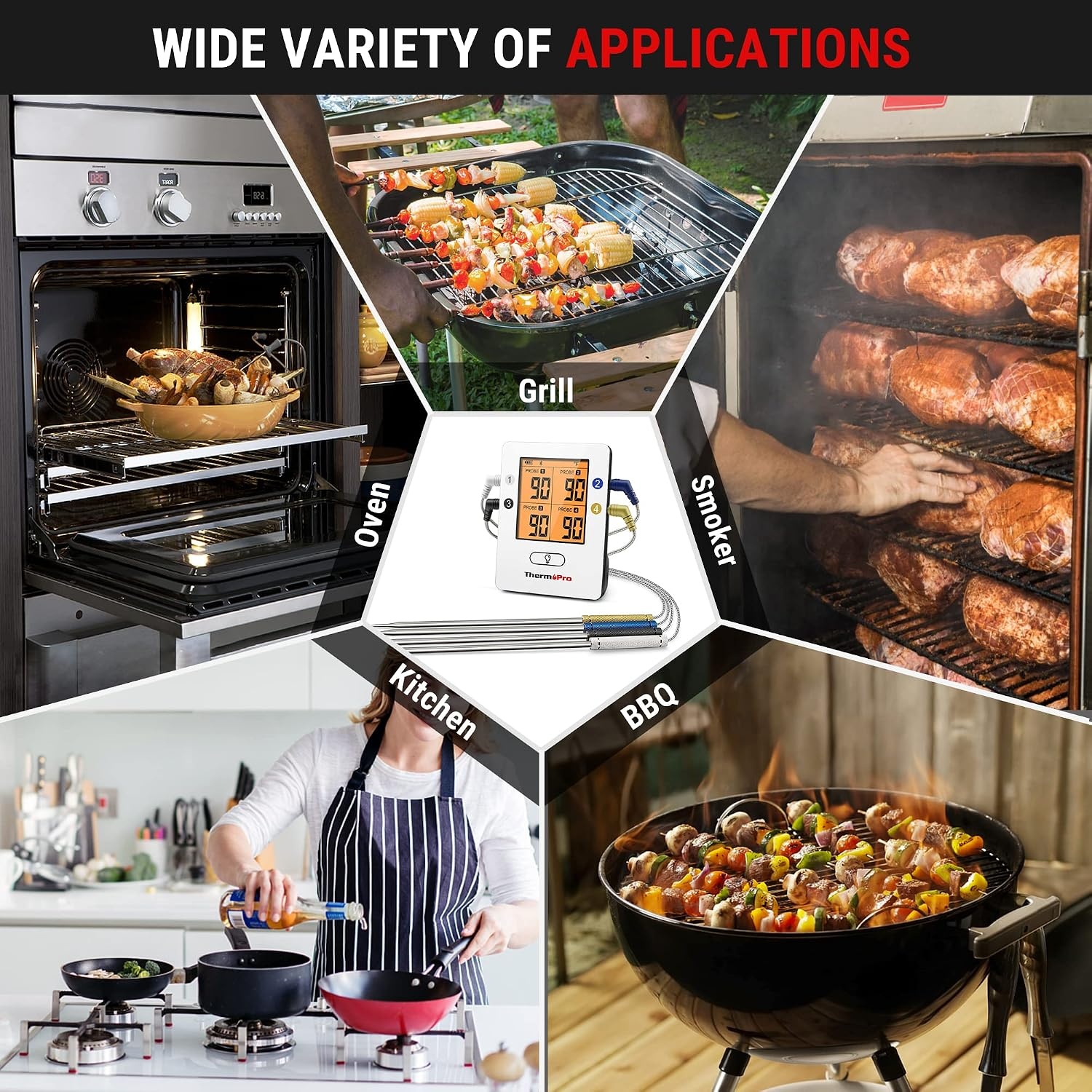 image:imageThermoPro TP25 650FT Bluetooth Meat Thermometer with 4Probes Smart Rechargeable Wireless Meat Thermometer for Grilling Smoker Oven Kitchen BBQ Thermometer with Alarm Temperature Graph BlackWhite