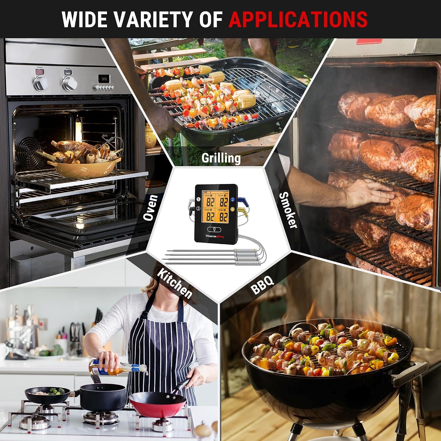 image:imageThermoPro TP25 650FT Bluetooth Meat Thermometer with 4Probes Smart Rechargeable Wireless Meat Thermometer for Grilling Smoker Oven Kitchen BBQ Thermometer with Alarm Temperature Graph BlackPitch Black
