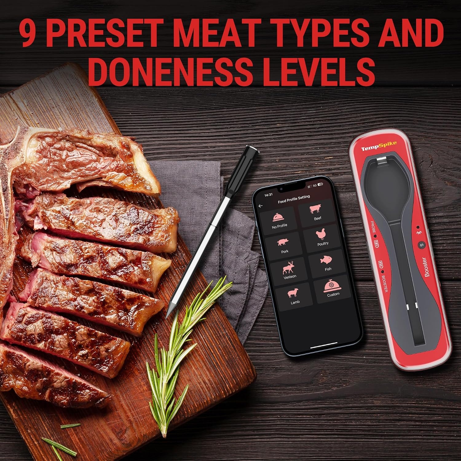 image:imageThermoPro TempSpike 500 ft Wireless Meat Thermometer Digital Bluetooth Meat Thermometer Wrieless for Beef Lamb Chicken Turkey Smoker Acccessories for Rotisserie Sous Vide BBQ Oven Air FryerRed