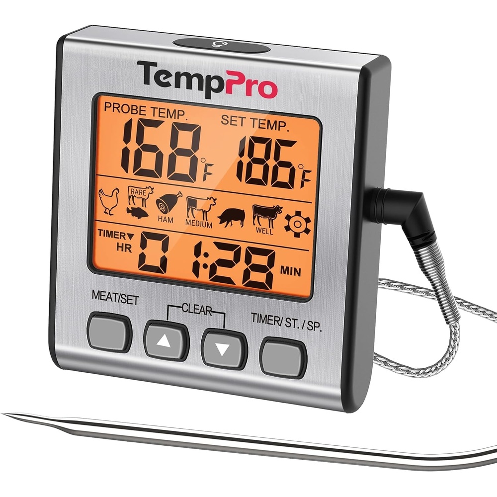 image:imageTempPro Digital Meat Thermometer for Cooking and Grilling BBQ Food Thermometer with Backlight and Kitchen Timer Grill Temperature Probe Thermometer for Smoker Oven BakingOilPreviously ThermoProLight Silver