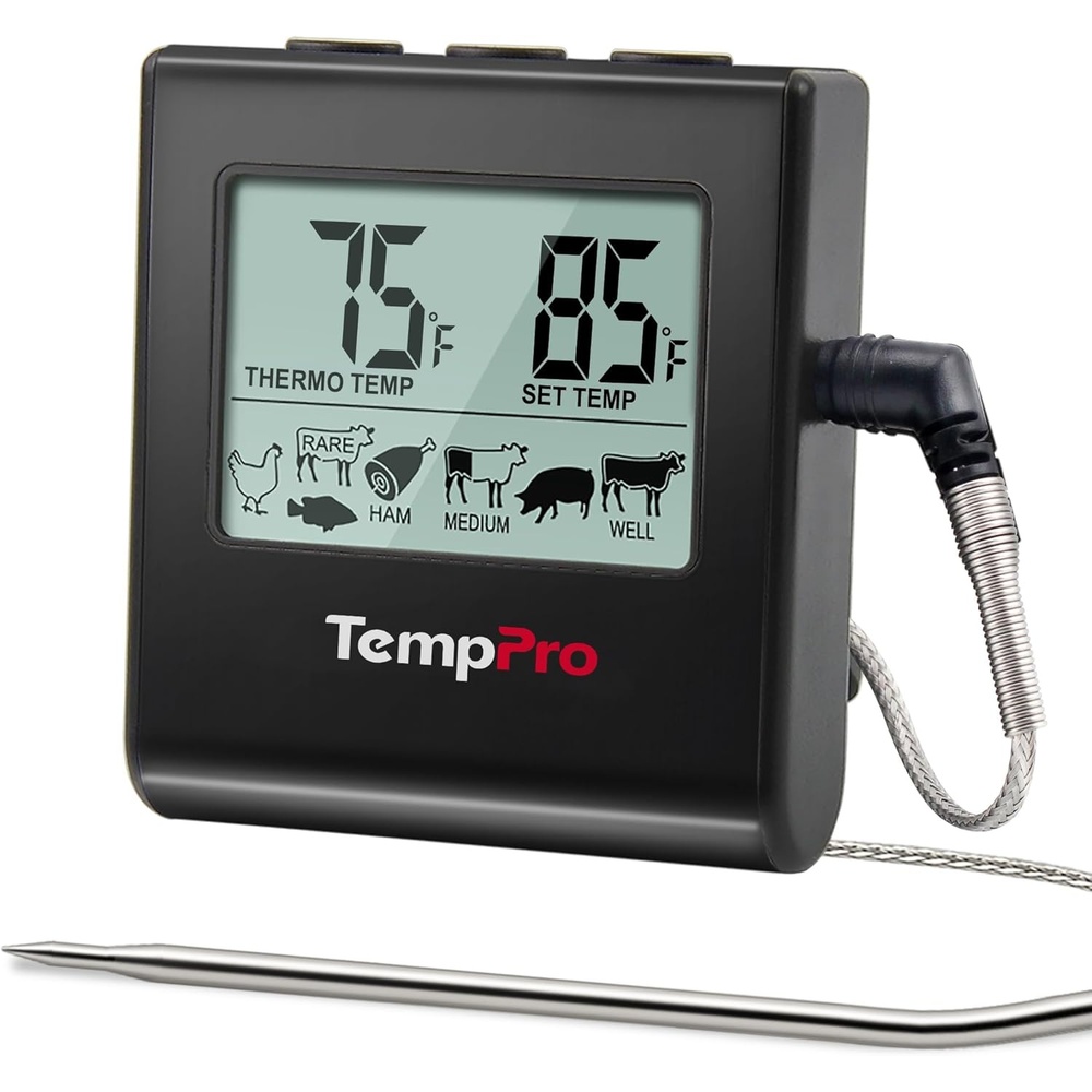 image:imageTempPro TP16 Large LCD Digital Meat Thermometer for Cooking Smoking Grilling BBQ Food Temperature Indicator with Clock Timer and Stainless Steel Probe BlackPreviously ThermoProPure Black