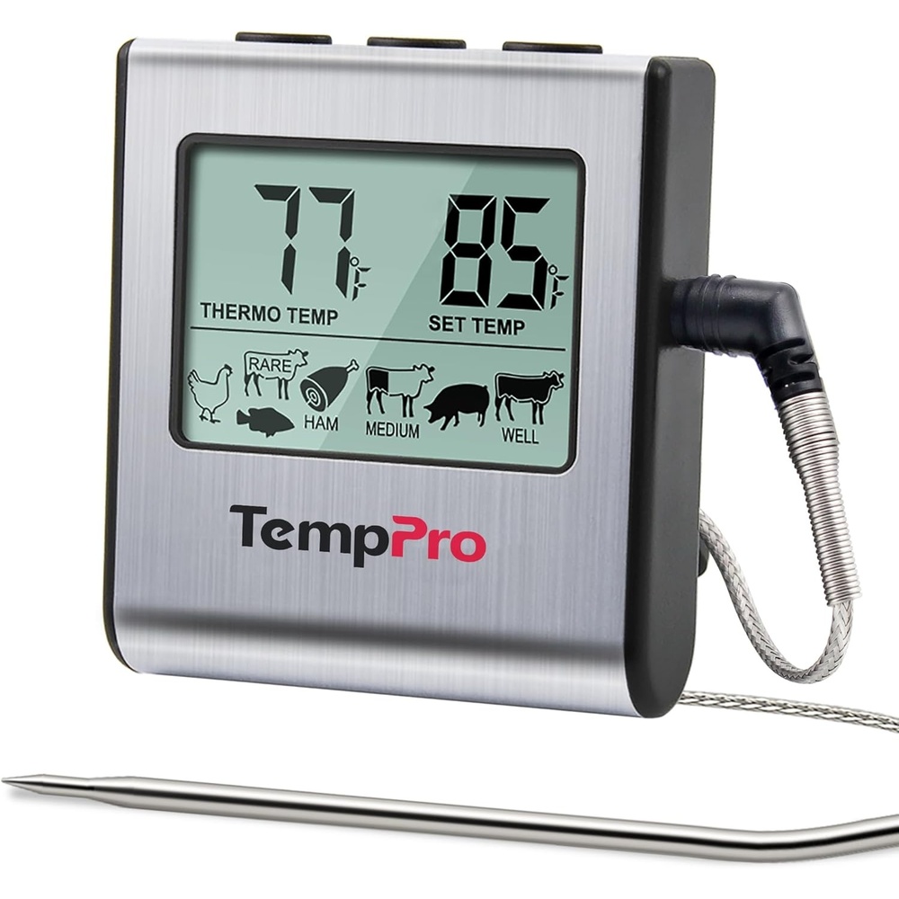 image:imageTempPro TP16 Large LCD Digital Meat Thermometer for Cooking Smoking Grilling BBQ Food Temperature Indicator with Clock Timer and Stainless Steel Probe BlackPreviously ThermoProLight Silver