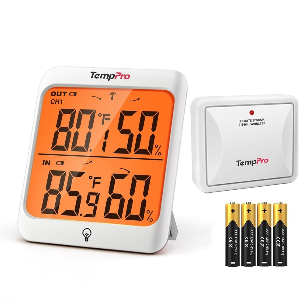 image:imageTempPro TP60 Wireless Indoor Outdoor Thermometer Hygrometer with Large LCD Display No Hub or App Required 500ft Wireless Range for Home Greenhouse Garage RV Previously ThermoPro500ft Touchable Backlit