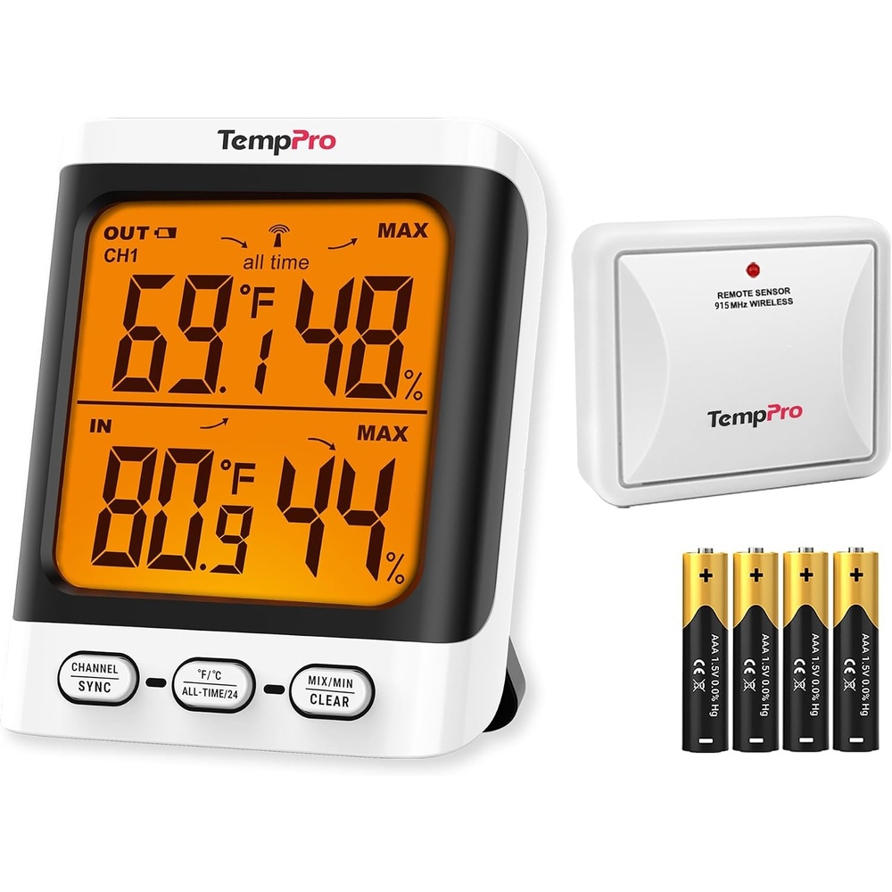image:imageTempPro TempAir 500 FT Indoor Outdoor Thermometer Wireless with Sensor 33 LCD Backlit Display Front Button Outside Thermometer with ColdResistant Sensor for Patio Garage Batteries Included
