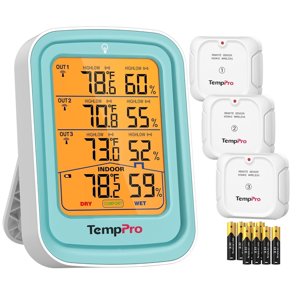 image:imageTempPro TempAir 500FT Indoor Outdoor Thermometer Wireless with 3 Sensors Temperature and Humidity Gauge Monitor for Home Greenhouse Garage RV Batteries Included Room Thermometer Inside OutsideBlue