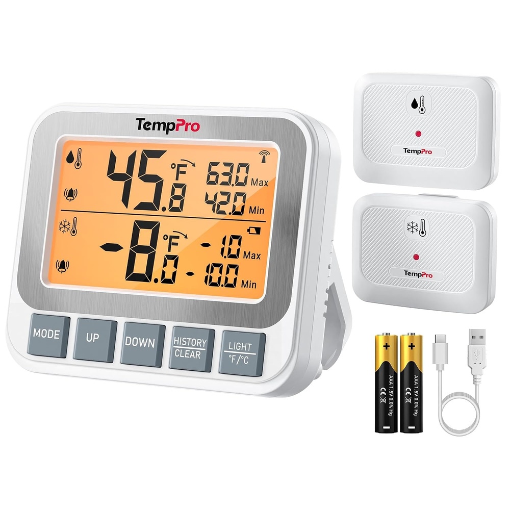 image:imageTempPro TempAir Wireless Freezer Fridge Thermometer with Alarm  High Accuracy and Rechargeable Refrigerator Thermometer with Backlit LCD DisplayBattery IncludedWhite Freezer Thermometer