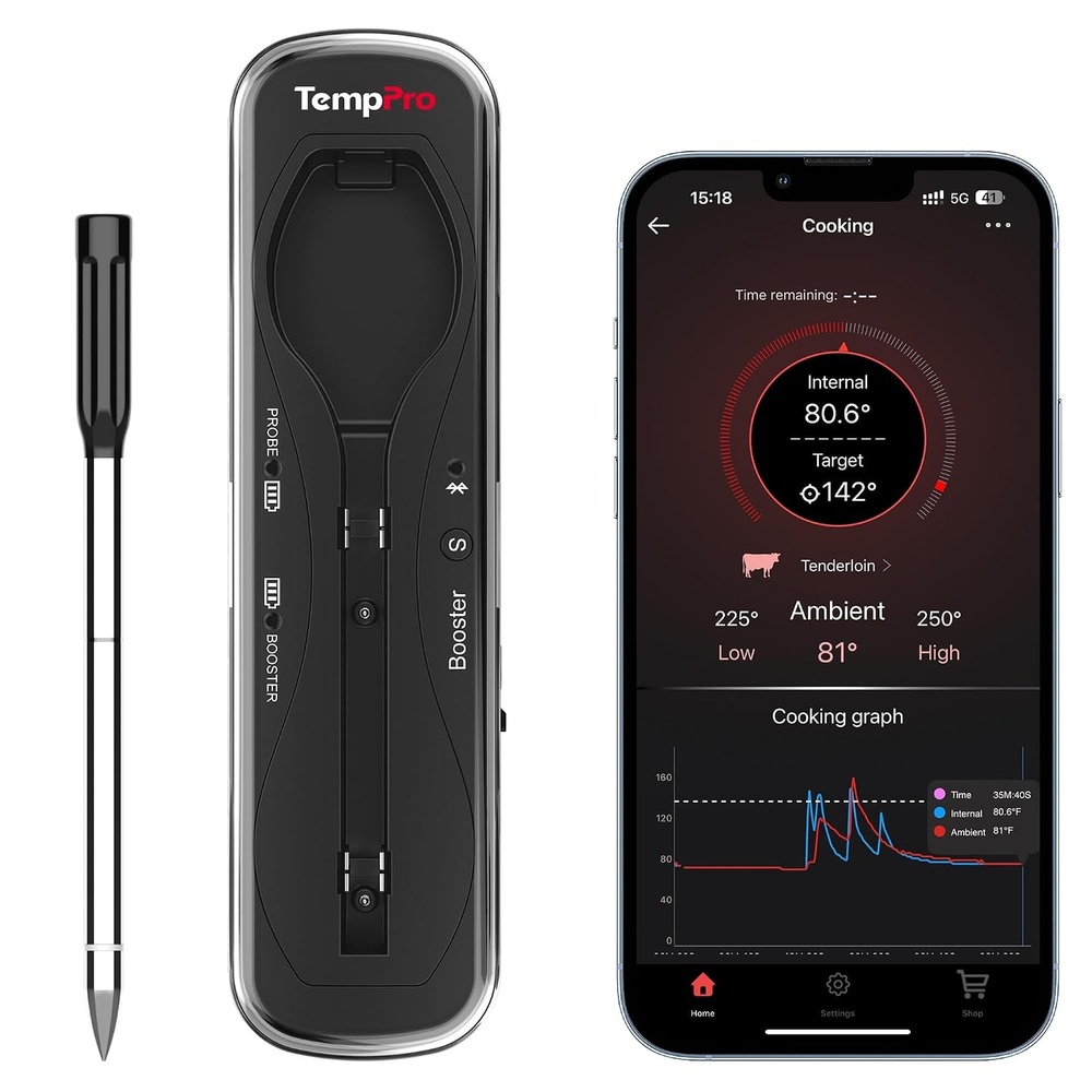image:imageTempPro TempSpike 500ft Wireless Meat Thermometer with Upgraded Meat Probe Bluetooth Meat Thermometer for Cooking Kitchen Oven Smoker Rechargeable Wireless Thermometer for Backyard Grill BBQ GiftsBlack