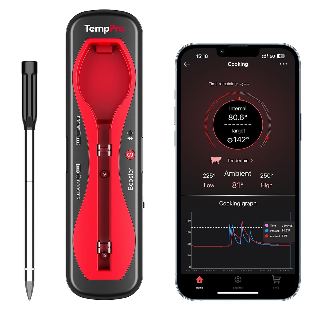 image:imageTempPro TempSpike 500ft Wireless Meat Thermometer with Upgraded Meat Probe  Bluetooth Meat Thermometer for Cooking Kitchen Oven Smoker Rechargeable Wireless Thermometer for Backyard Grill BBQ GiftsDark Red