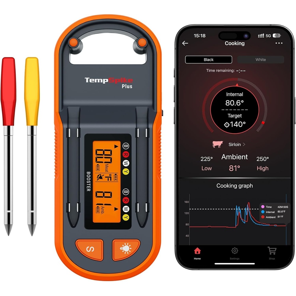 image:imageTempPro TempSpike 600ft Wireless Meat Thermometer with 2 ColorCoded Probes  Bluetooth Meat Thermometer Wireless with LCDEnhanced Booster for Food Cooking Grill Smoker Rotisserie Sous VideYellow  Red 2 Probes