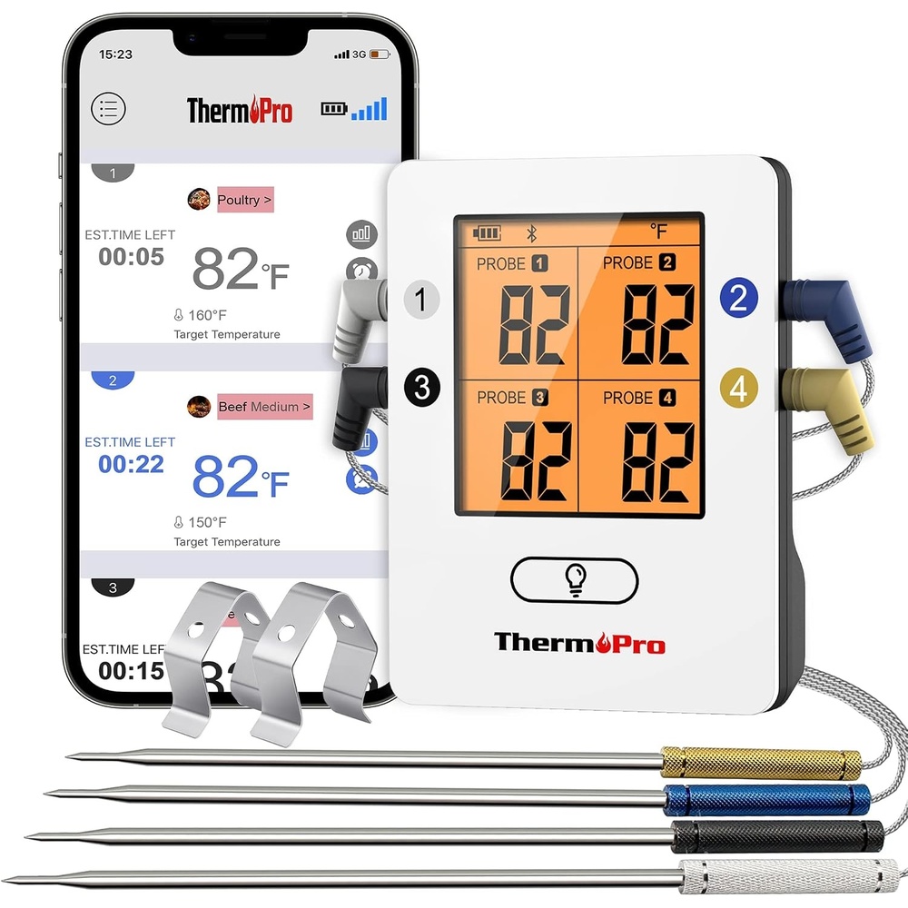 image:imageThermoPro TP25 650FT Bluetooth Meat Thermometer with 4Probes Smart Rechargeable Wireless Meat Thermometer for Grilling Smoker Oven Kitchen BBQ Thermometer with Alarm Temperature Graph BlackWhite