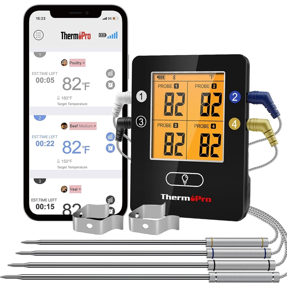 image:imageThermoPro TP25 650FT Bluetooth Meat Thermometer with 4Probes Smart Rechargeable Wireless Meat Thermometer for Grilling Smoker Oven Kitchen BBQ Thermometer with Alarm Temperature Graph BlackPitch Black