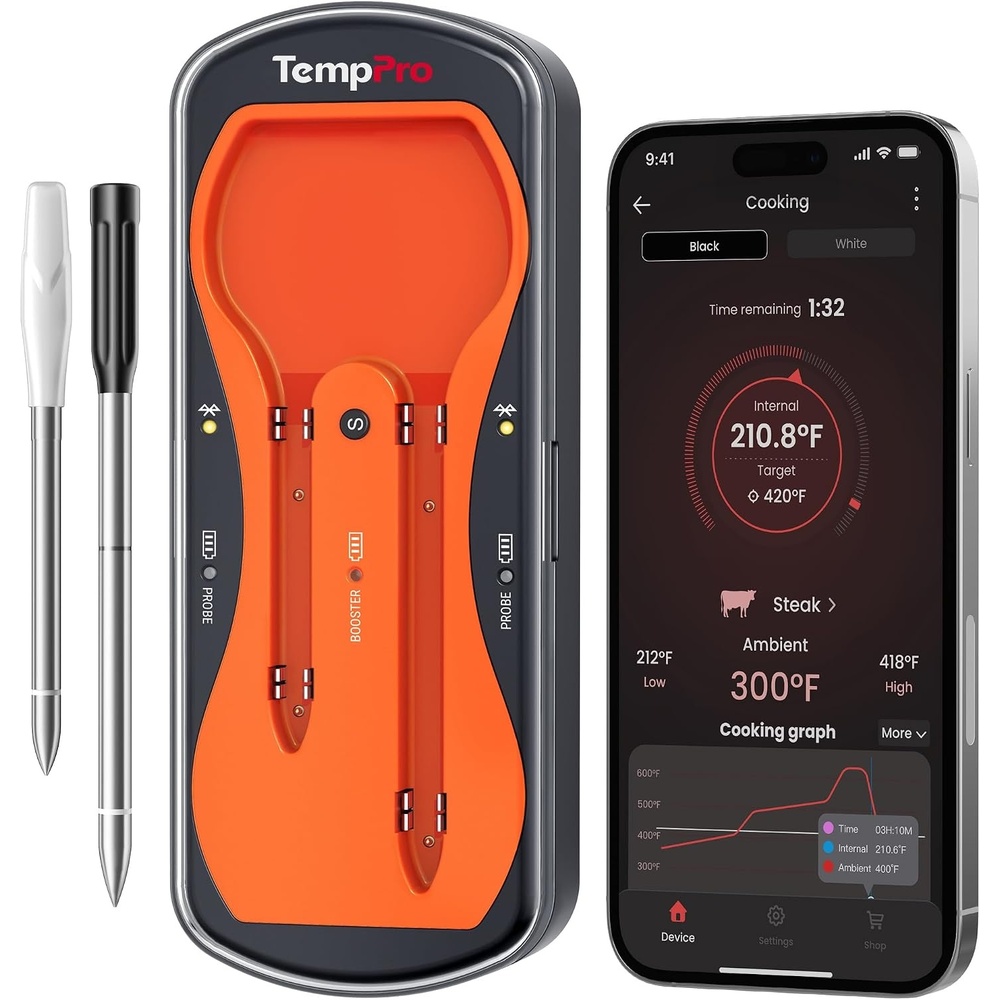 image:imageThermoPro TempSpike 500 ft Wireless Meat Thermometer Digital Bluetooth Meat Thermometer Wrieless for Beef Lamb Chicken Turkey Smoker Acccessories for Rotisserie Sous Vide BBQ Oven Air FryerDark Orange